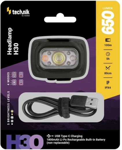Technik MT-H30 fejlámpa USB‑C-vel, 650 lm, fehér és piros LED