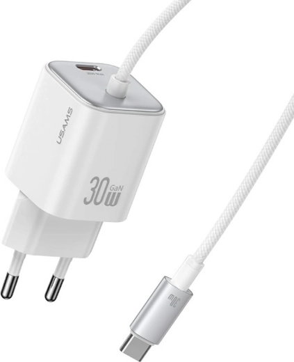 USAMS JC sorozat CC264 30 W-os GaN gyorstöltő integrált USB‑C kábellel (fehér)