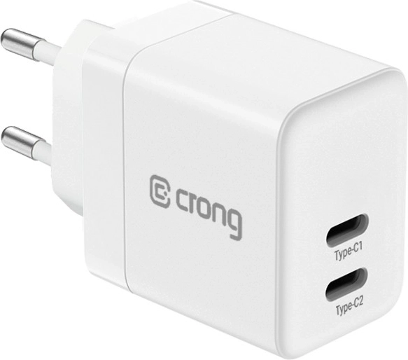 Crong ultra kompakt GaN hálózati töltő 2× USB‑C 35 W PD 3.0 PPS-sel fehér