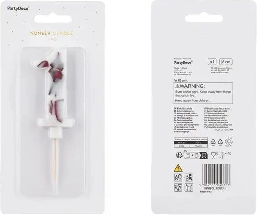 Fehér, 1-es szám alakú születésnapi gyertya márványmintával, 8 cm