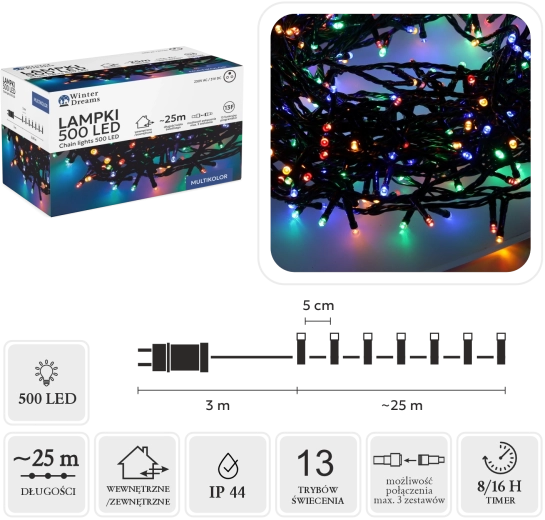 LED fényfüzér, 500 multicolor LED, 25 m