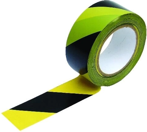 Öntapadó figyelmeztető szalag sárga–fekete, balra dőlő ferde csíkok 48 mm × 33 m
