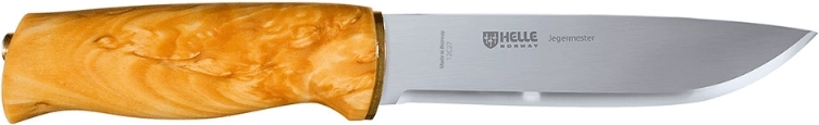 Helle Jegermester vadászkés 13,5 cm-es pengével, göndör nyírfanyéllel és bőrtokkal