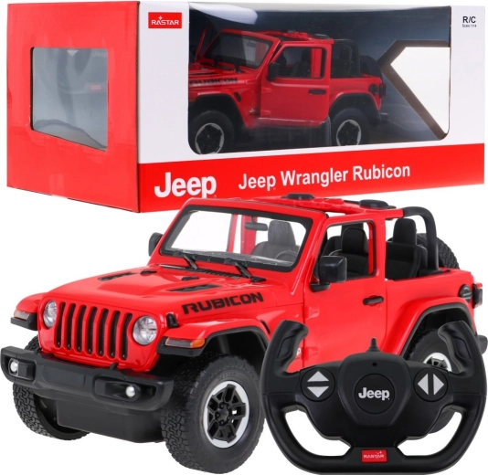 Rastar Jeep Wrangler Rubicon piros RC autó 1:14 méretarányban, 2,4 GHz-es távirányítóval