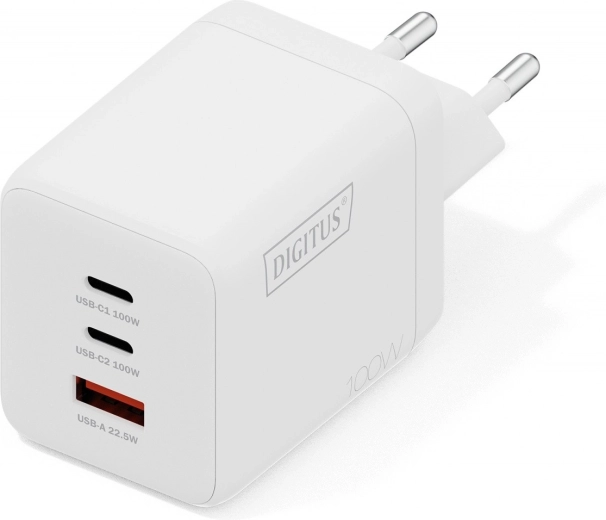 GaN II 100 W-os hálózati töltő 2× USB-C és USB-A csatlakozóval, fehér