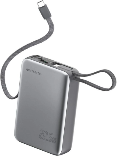 4smarts Pocket Dual Cord powerbank, 20000 mAh, 22,5 W, beépített 15 cm-es USB‑C kábellel, szürke