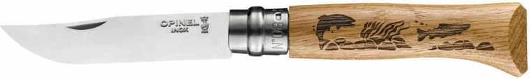 Opinel N°08 Inox Animalia zsebkés hal motívummal, tölgyfa, 8,5 cm