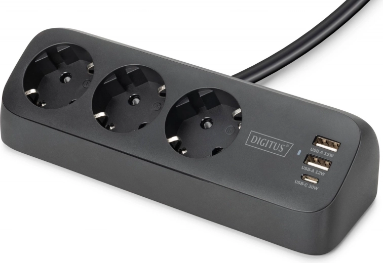 Asztali túlfeszültségvédős hosszabbító 3 Schuko aljzattal és USB-A/USB-C-vel, asztallapra csíptethető, fekete