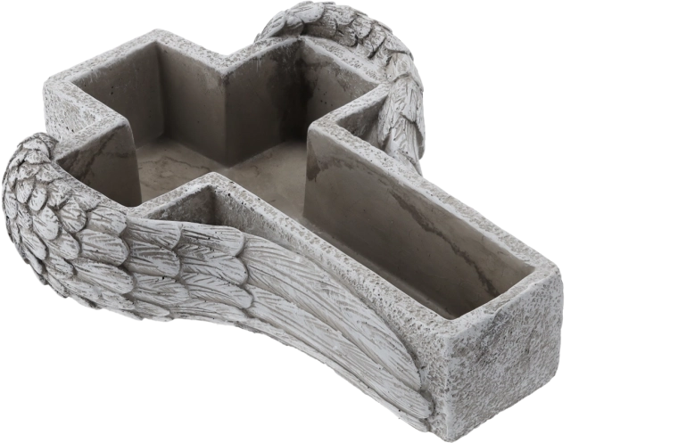 Cement sírhelyi virágtartó szárnyas kereszt domborművel, szürke, 27,5 cm
