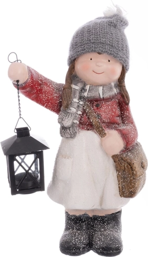 Karácsonyi dekoráció: kislány lámpással, polyresin, 39 cm