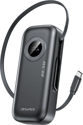 Awei PA-9 powerbank 10 000 mAh 22,5 W beépített USB‑C kábellel, fekete