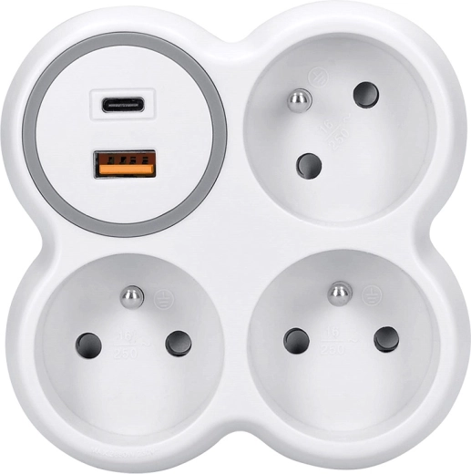 Solight elosztó adapter konnektorba 3× 16 A USB-A és USB-C PD 20 W gyorstöltéssel, fehér-szürke