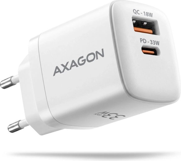 AXAGON 33 W-os GaN hálózati töltő két porttal, USB-C és USB-A, fehér