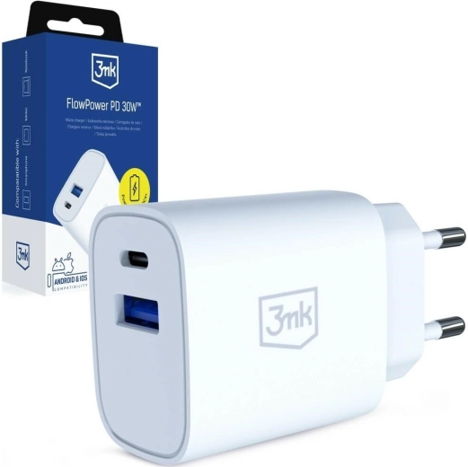 3MK FlowPower 30 W-os hálózati töltő USB-A és USB-C (PD 3.0, QC 4+) fehér