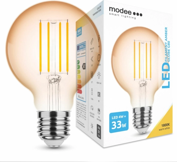 Modee LED filamentes Amber Globe G80 4W E27, 360 lm, meleg fehér