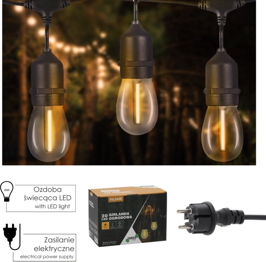 FILAME kerti LED fényfüzér 20 m, 20 db E27-es izzóval, meleg fehér