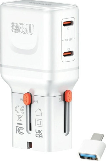 4smarts World Travel Adapter Nomad Pocket GaN 65 W utazó töltő, USB‑C + USB‑A, fehér