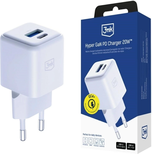 3mk Hyper GaN hálózati töltő 20 W USB-A és USB-C fehér