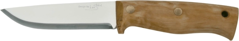Helle Temagami 14C28N bushcraft kés fa markolattal és bőr tokkal