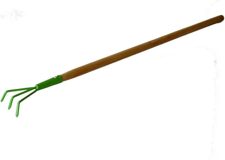 Gyermek kerti kapa három görbe foggal, fa nyéllel, 75 cm