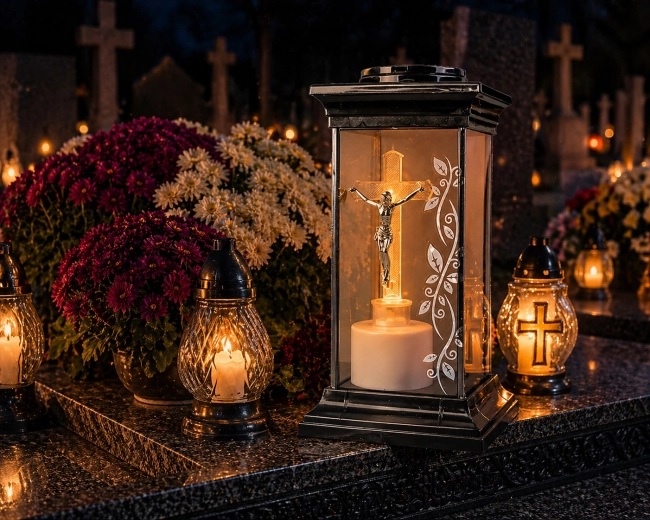 Napelemes temetői lámpás LED-kereszttel, 28 cm