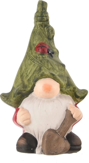 Zöld kerámia kerti manó lapáttal 18 cm
