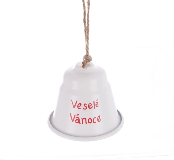 Fém karácsonyi csengő „Boldog karácsonyt” felirattal, fehér, 7 cm