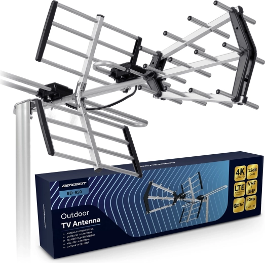 Kültéri irányított TV antenna BERDSEN DVB-T/T2-hez, 4K Ultra HD, VHF/UHF, LTE szűrő, 80 km hatótáv