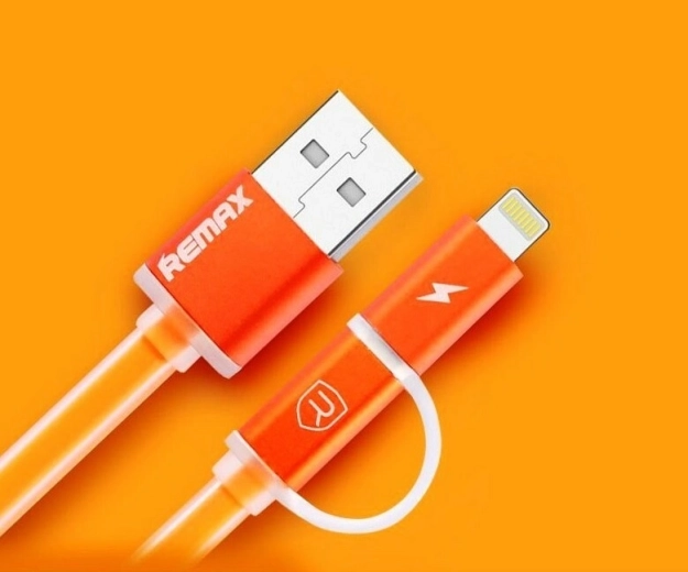 Remax Aurora 2 az 1-ben töltő- és adatkábel USB–Lightning/micro‑USB, narancssárga