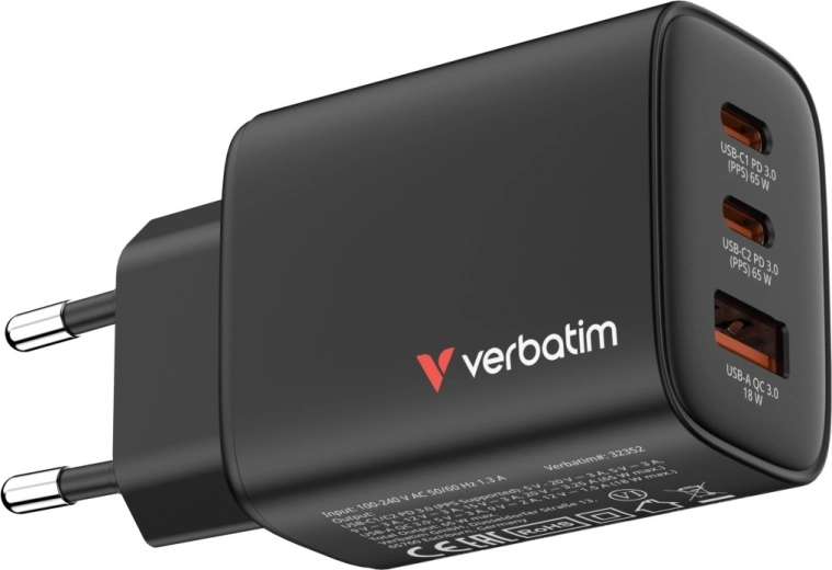 Verbatim Essentials GaN hálózati töltő 65 W (2× USB‑C, 1× USB‑A, PD 3.0/QC 3.0) – EU