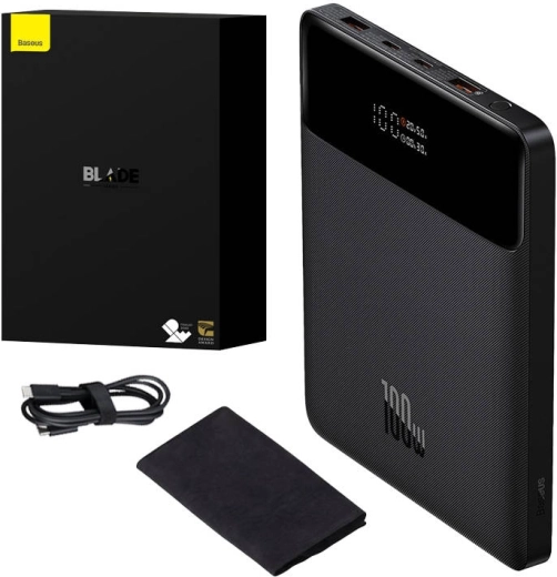 Baseus Blade powerbank 20000 mAh, 100 W, 2× USB‑C + 2× USB‑A, kijelző, fekete