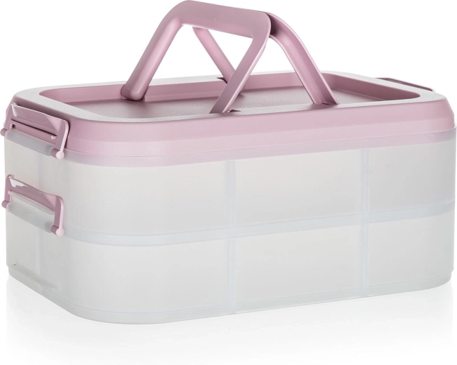 Műanyag, két szintes party box fogantyúkkal 40 × 28 × 17,8 cm, átlátszó/rózsaszín