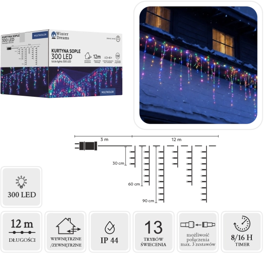 Jégcsap (cseppkő) fényfüggöny 300 LED multicolor 3 × 12 m - 1 db