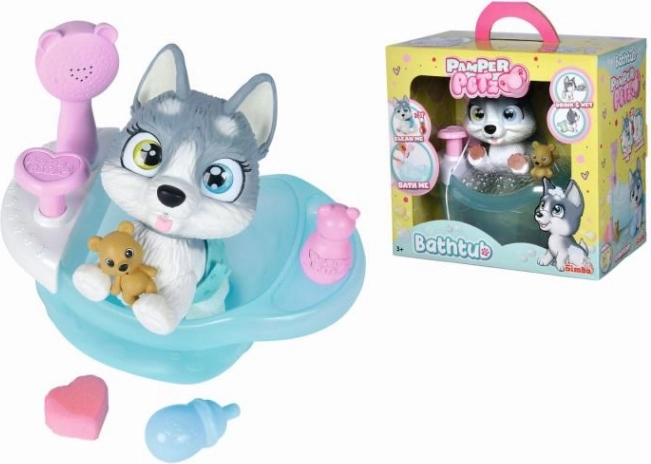 Husky kiskutya Pamper Petz a fürdőkádban