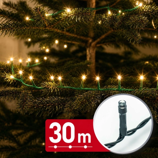 30 m-es LED-es fényfüzér 600 LED-del, meleg fehér, zöld kábel
