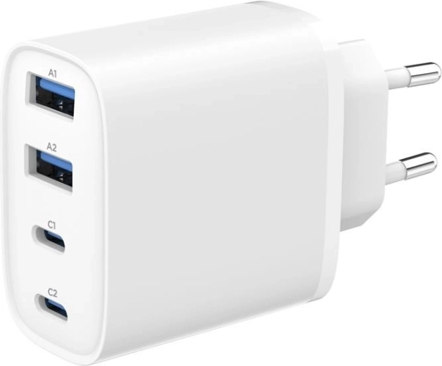Gembird univerzális GaN hálózati töltő 40 W LCD kijelzővel, 3× USB-C + 1× USB-A, fehér