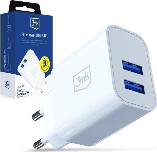 3MK FlowPower hálózati töltő 10 W, 2× USB-A, 2,4 A, fehér