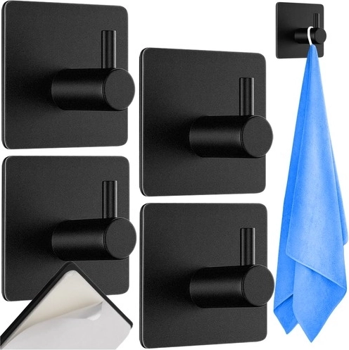 Öntapadós fém akasztók RUHHY, 4 darabos készlet – fekete, fúrás nélkül