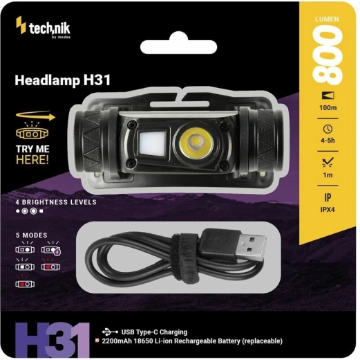 Technik MT-H31 fejlámpa OSRAM P9 LED-del, vörös fénnyel és USB‑C-vel (800 lm)