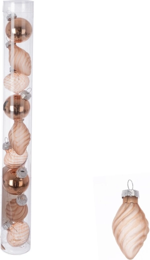 Üveg dekorációs gömbök tubusban, barna (bronz árnyalat), 9 db