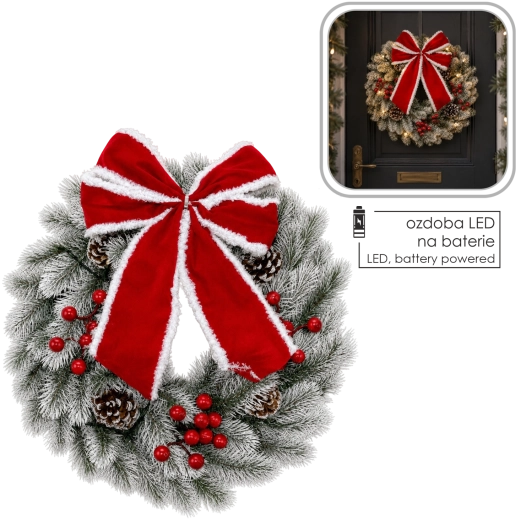 Karácsonyi LED-koszorú 34 cm, fehér-zöld, masnival