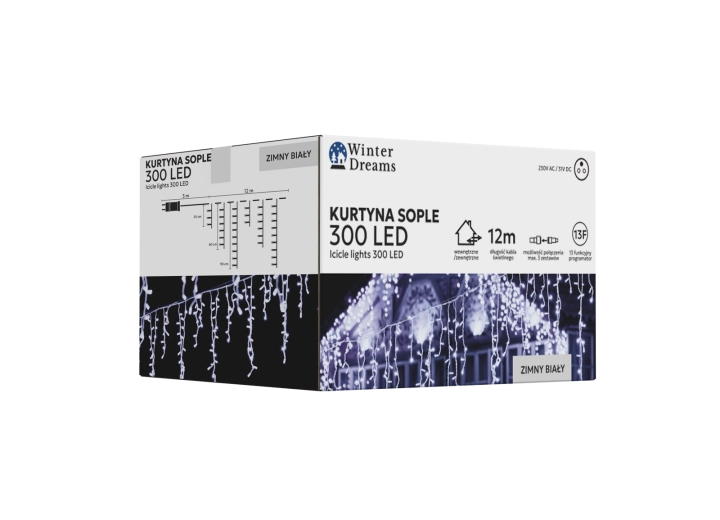 LED-es fényfüggöny jégcsapokkal, 300 LED, hideg fehér, 12 m
