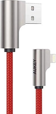 Piros nylon USB – Lightning kábel 2 m, 90°-os csatlakozóval