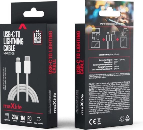 Maxlife nejlonszövésű USB‑C – Lightning kábel 1 m, 20 W, szürke