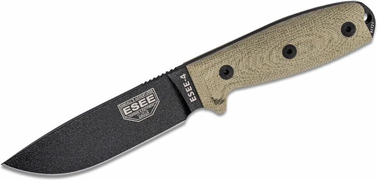 ESEE Model 4 túlélőkés 11,4 cm, fekete, zöld Micarta, műanyag tok