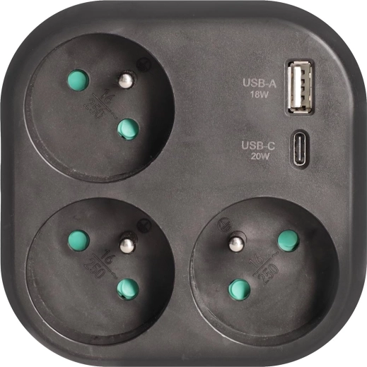 Solight elosztó 3 aljzattal és USB-A/USB-C 20 W PD gyorstöltővel, fekete