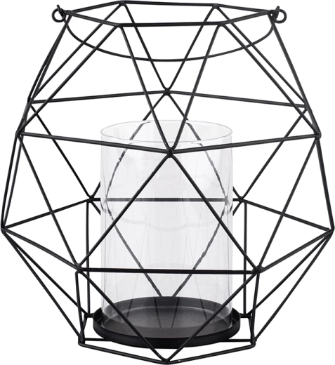 Fém geometrikus gyertyatartó füllel és üvegbetéttel 22 × 22 × 22 cm, fekete