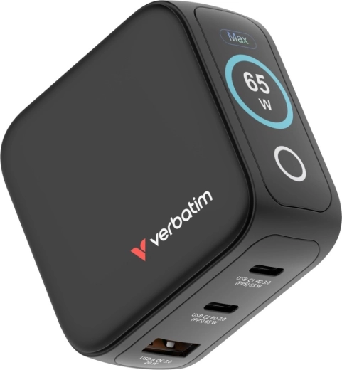 Verbatim mini GaN hálózati töltő 65 W TFT kijelzővel, 2× USB‑C és 1× USB‑A, EU/UK/USA