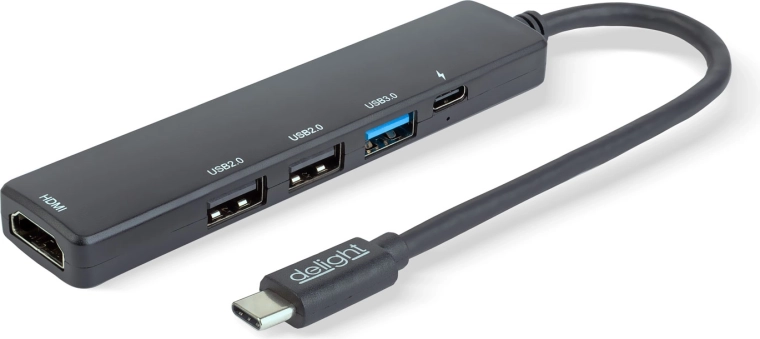 Multifunkciós USB-C hub HDMI-vel, 3× USB-A és USB-C csatlakozóval, 100 W, fekete