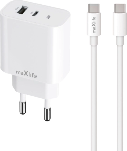 Maxlife 30 W gyorstöltő USB‑C és USB porttal + USB‑C – Lightning kábel